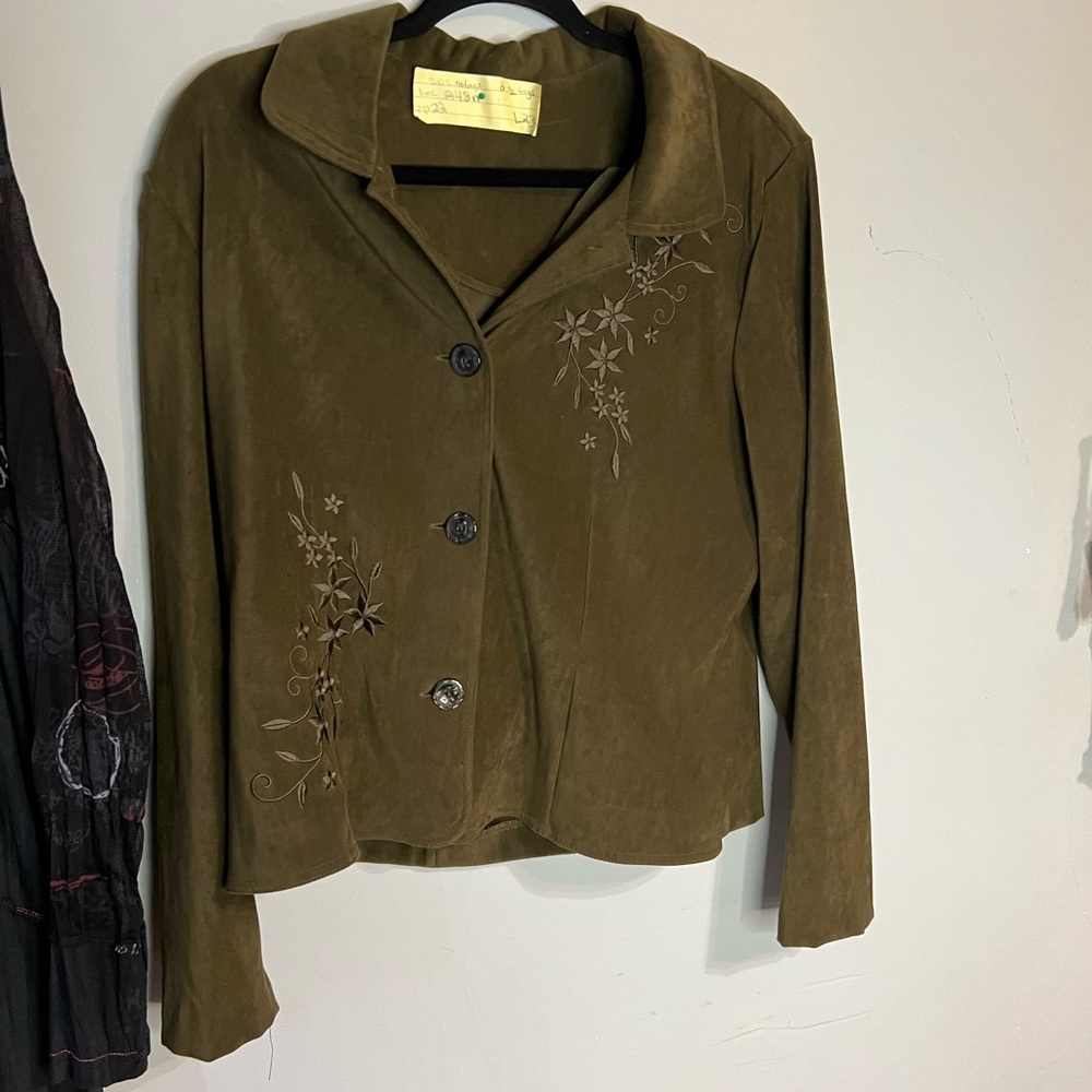 Fashion Bug Green cottage vegan suede embroidered fall blazer shirt oversize S - Picture 3 of 9